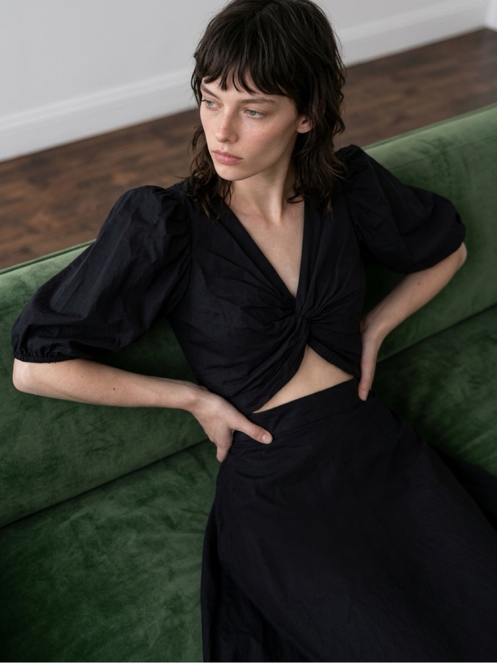 Jason Wu Black Puff Sleeve Ruched Crop Top | Cottagecore Balletcore Coquette, M